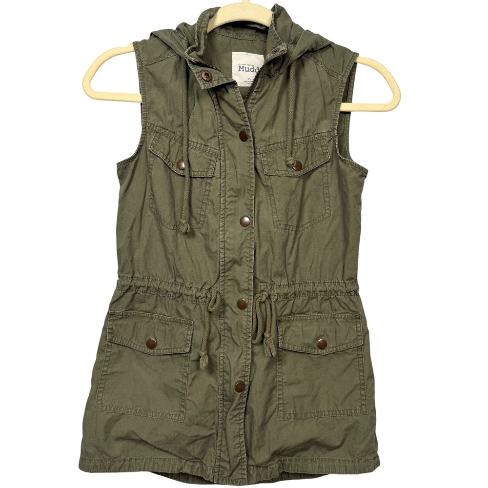 Y2K Mudd Green Hood Sleeveless Utility Vest Women‎ XS Full Zip Grunge Military